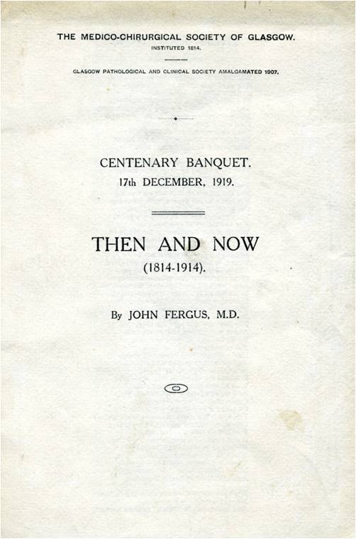 Front page of poem written by John Fergus for the Centenary of the Medico-Chirurgical Society of Glasgow