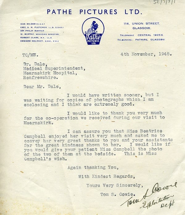 A letter sent on Beatrice Campbell's behalf from Pathe Pictures Ltd.