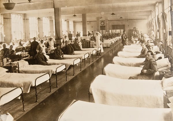 Patients and staff on the ward at the Red Cross Hospital, Springburn c1914