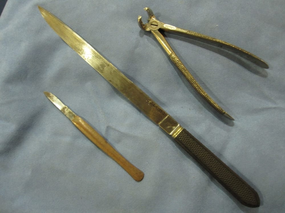 Scalpel by Norie, Glasgow, early 19th century. Liston amputation knife and dental forceps by James Dick, Glasgow 19th century. 