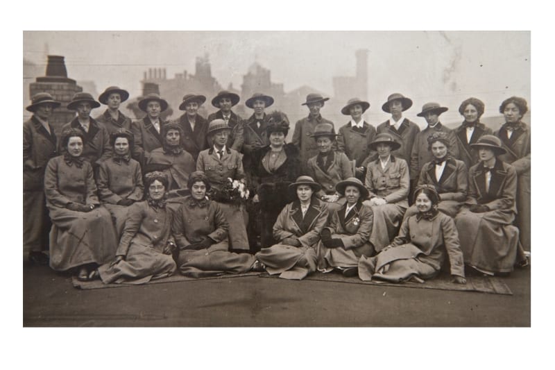 Girton and Newnham Unit of the Scottish Women's Hospitals about to embark on board ship at Liverpool, October 1915.