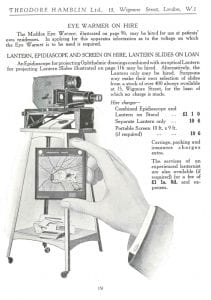 A projector and lantern slides for hire, from Hamblin's ophthalmological diary and year book, 1935.