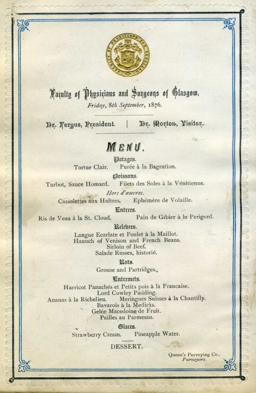Menu for the Faculty's annual dinner in 1876 (RCPSG 1/22/4/2)