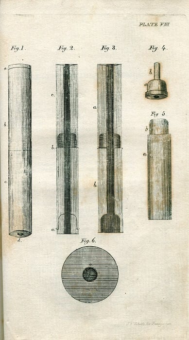 Illustration from De l' auscultation mediate (1819) by Laennec showing his design for a wooden stethoscope.