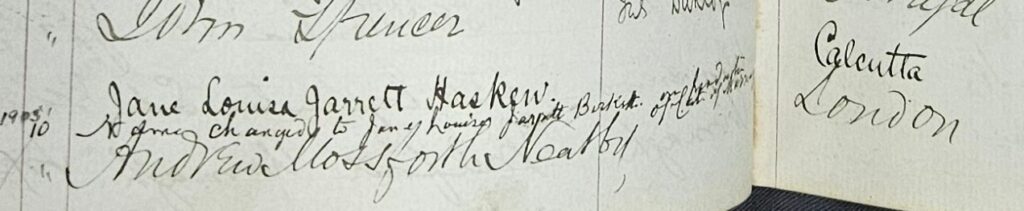 Signature of Jane Birkett in Triple Qualification register