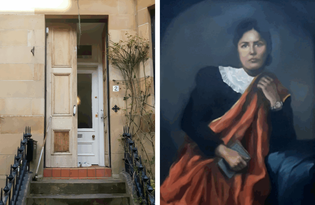 A glasgow tenement door and a portrait of jamini Sen