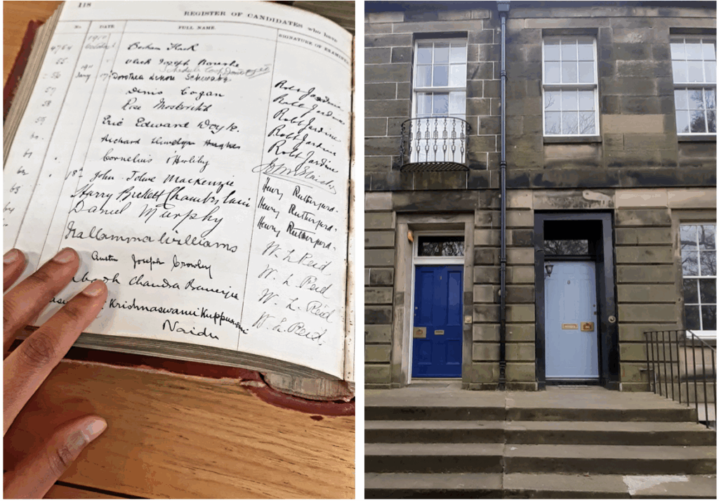 Triple qualification register with signatures and a photo of a georgian style building in edinburgh